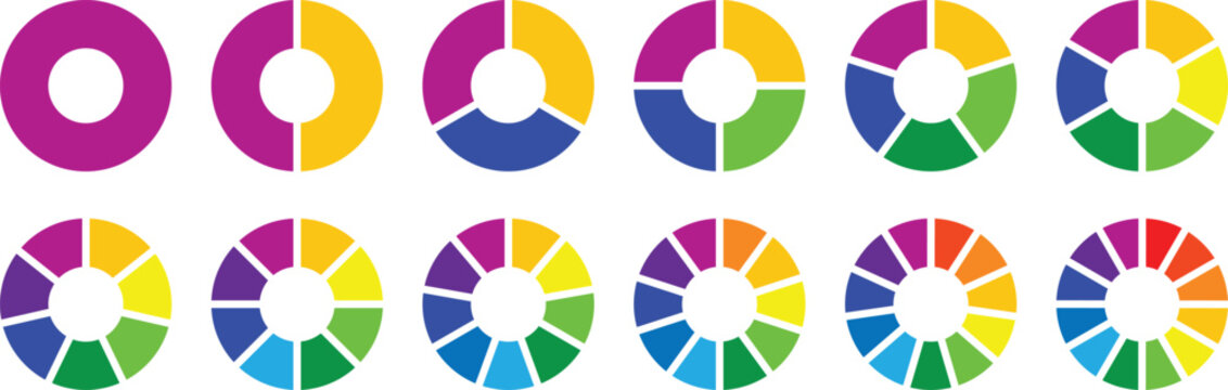 Pie chart set. Different color circles. Pie chart divided 1, 2, 3, 4, 5, 6, 7, 8, 9, 10, 11, 12 equal parts. donut and pie chart infographic elements. Colorful diagram graphs. Circle section graph.