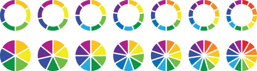 Pie chart set. Pie chart divided 1, 2, 3, 4, 5, 6, 7, 8, 9, 10, 11, 12 equal parts. Different color circles. donut and pie chart infographic elements. Colorful diagram graphs. Circle section graph.