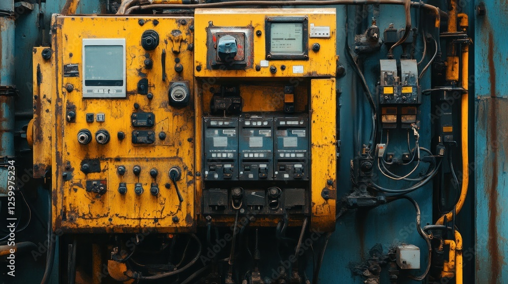 Poster control panel with worn buttons and gauges in industrial setting