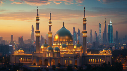 Beautiful Mosque with Crescent Moon at Night