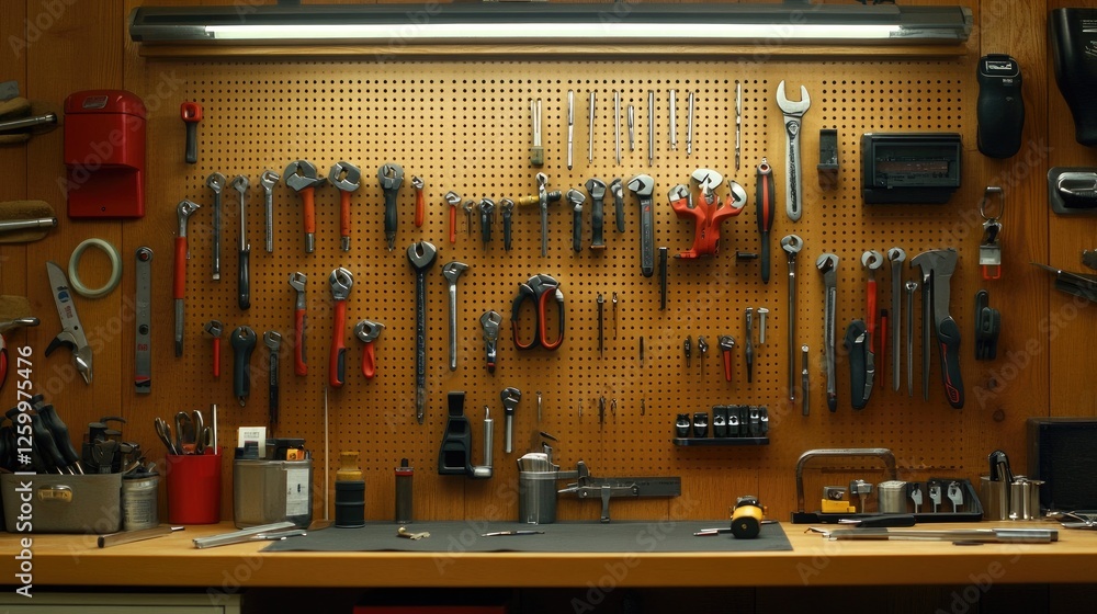 Poster a wall-mounted tool organizer with an array of home tools neatly displayed.