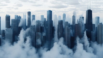 Aerial view of city skyline with skyscrapers surrounded by fog