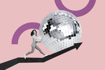 Creative sketch art collage of happy girl run arrow path disco ball celebration holiday event carry...