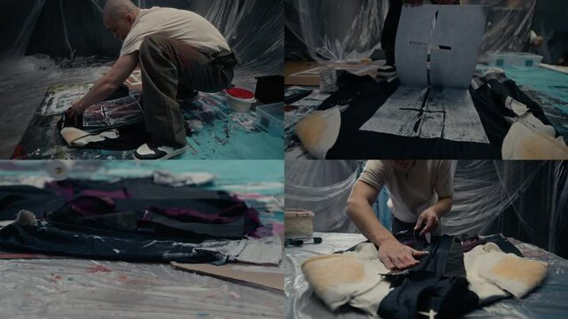 Split screen of young Caucasian male textile artist painting on jacket using stencil, customizing clothing working on floor in studio with transparent sheeting covering walls