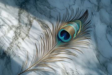 Obraz premium Minimalist design celebrating womens day with a single peacock feather on a marble surface