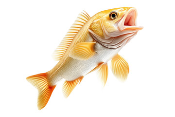 Fototapeta premium Golden Perch fish with open mouth, detailed fins and scales isolated on white transparent background. Concept of marine wildlife and fishing
