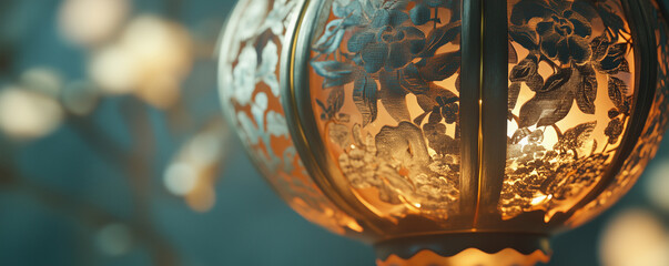 Vibrant March postcard featuring an ornate lantern illuminated with floral designs