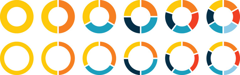 Set of pie charts diagrams. Different color circles. donut and pie chart infographic elements. Pie chart divided 1,2,3,4,5,6,7,8,9,10,11,12 equal parts. Colorful diagram graphs. Circle section graph.