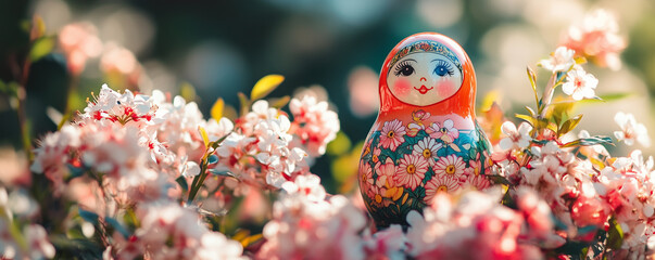 Vibrant postcard featuring a traditional Russian matryoshka doll nestled among blooming flowers