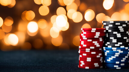 Three Stacks of Poker Chips on Dark Surface with Bokeh Background