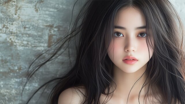 Portrait of a Gorgeous Young Asian Woman with Flowing Dark Hair and Intense Gaze