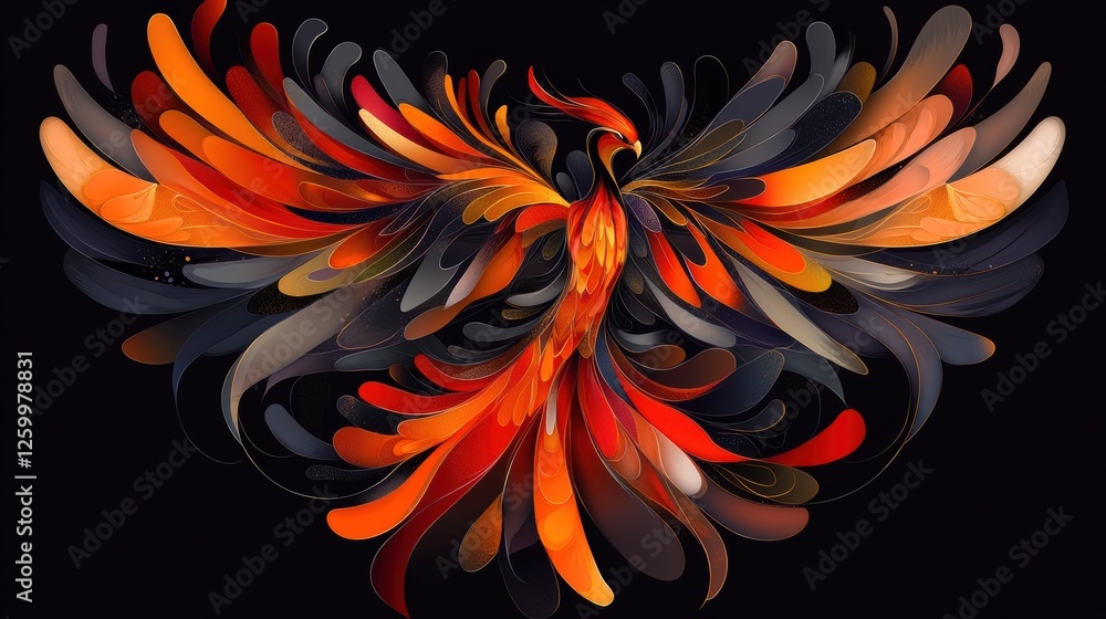 Poster fiery mythical phoenix bursting forth in a swirling abstract digital art composition