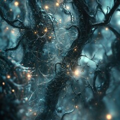 Dark, mystical forest with glowing particles and intricate branches.
