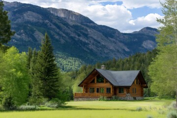 Picturesque wooden cabin sits peacefully in a mountain valley, surrounded by lush evergreen trees and a vibrant green lawn
