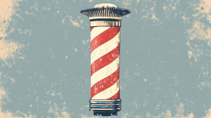 An aged barber pole featuring red and white spiraling stripes