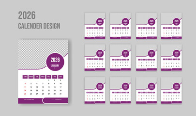 set of wall & desk calendar design for happy new year 2026 creative and aesthetic multiple colour variation design, week starts on sunday schedule monthly planner design in corporate and business 