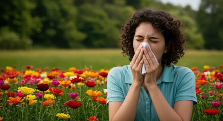 Young hispanic female sneezing in colorful flower field allergies