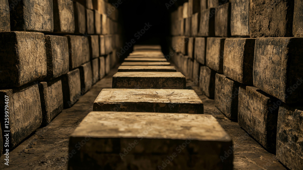 Poster neatly arranged blocks of cheese in an old dimly lit storage space