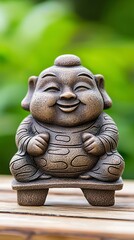 Obraz premium Jovial decorative statue with a big smile on wooden surface set against a blurred natural green background
