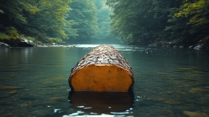 Freshly cut tree log floats in a clear river with forest reflections