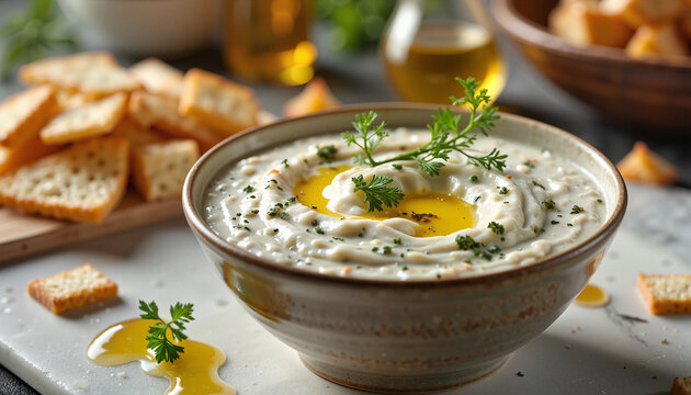 Tzatziki dip served with olive oil and herbs, evening kitchen ambiance