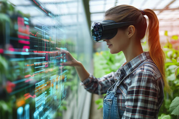 farmer greenhouse VR headset monitors condition controlling immersive virtual interface.digital panel integration artificial intelligence,advanced technologies agriculture.Sustainable farming