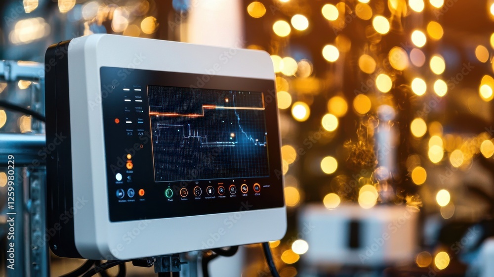 Poster computer monitor displaying market chart and financial analytics dashboard in office workspace