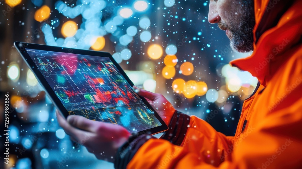 Poster man using laptop for advanced data analytics and business intelligence in a futuristic office settin