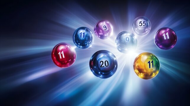 Shiny lottery balls with numbers float in a glowing blue background with streaks of light creating a dynamic effect. - Powered by Adobe