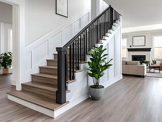 Modern staircase in a bright, home foyer, showcasing interior design
