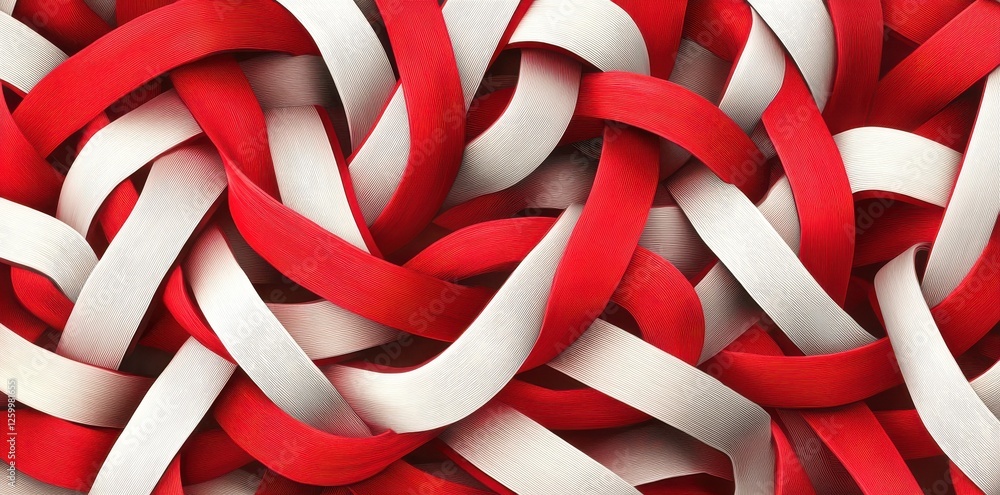 Poster woven intertwined ribbons creating an abstract pattern in red and white