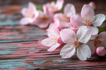 Fototapeta premium Art spring flowers background. Wooden table with white cherry blossoms, creating an elegant and minimalist background for text or product display