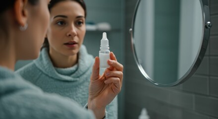 Young caucasian female using nasal spray in bathroom mirror reflection
