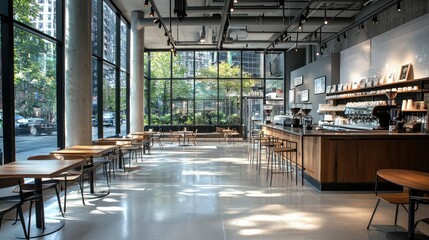 Modern Coffee Shop Interior Design: Sunlight Streaming Through Large Windows