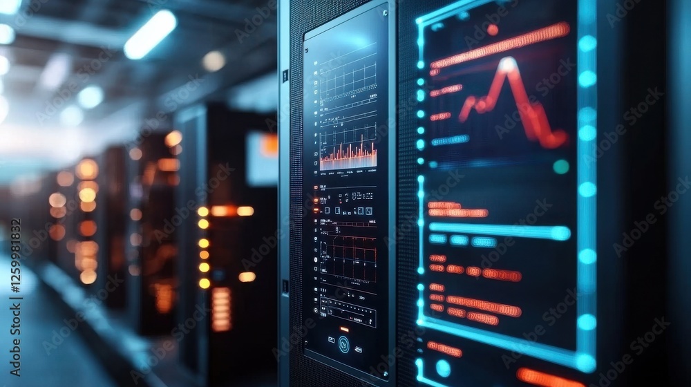 Poster futuristic server room with glowing racks and digital monitoring displays