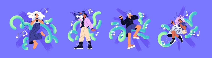 Happy people listen to music concept set. Characters dance by positive songs from mixtape, audio player. Men and women enjoy melodies, records with headphones. Flat isolated vector illustrations