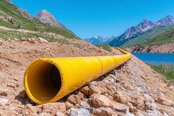 Large yellow pipe on rocky terrain with green hills and distant snow-capped mountains under a clear blue sky