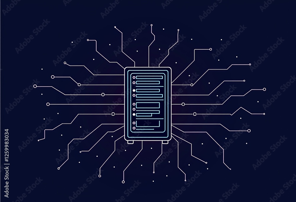 Poster line art data server illustration: minimalistic and modern design, perfect for cloud computing, data