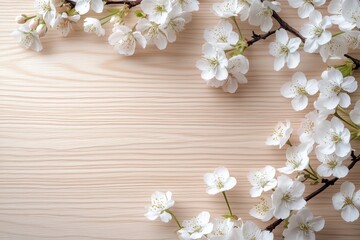 Art spring flowers background. Wooden table with white cherry blossoms, creating an elegant and minimalist background for text or product display