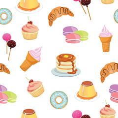 Birthday seamless pattern with sweets - ice cream, donuts, cupcakes, chocolate bar, candies.