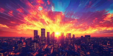 Obraz premium City skyline glows as the sun sets behind skyscrapers