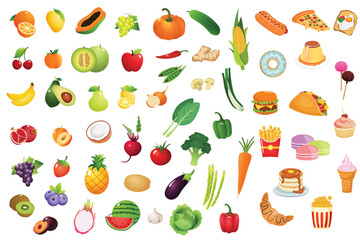  Food and beverages, fruits symbols, emojis, emoticons, stickers, icons Vegetables, cakes, vector illustration flat icons set, collection, pack, pizza, burger, pastry, donut