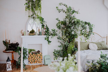 Cozy green bedroom with natural decor and wooden accents in a tranquil space