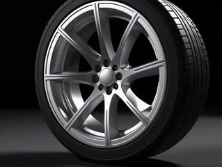 Fototapeta premium A close-up of a high-performance sports car's wheel and tire, capturing the intricate design of the wheel, the texture of the tire, and the polished metal surface, with detailed lighting.