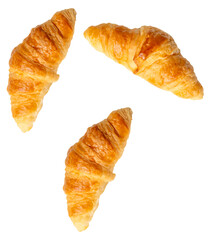 Top view set of three brown or golden croissants isolated with clipping path in png file format