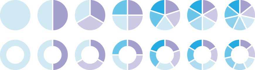 Pie chart set. Circle section graph. Pie chart divided 1,2,3,4,5,6,7,8,9,10,11,12 equal parts. Infographic wheel segment or section parts. Circle division infographic icon set. Vector illustration