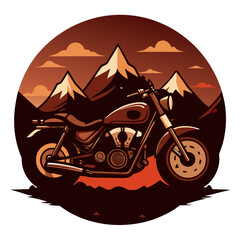 Fototapeta premium Vintage Motorcycle at Sunset Mountain Scenery, A stylized illustration of a classic motorcycle parked at the base of majestic mountains at sunset. Color vector background design , T-shirt design,