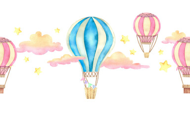 Balloons are blue and pink in clouds and stars. Watercolor illustration, hand-drawn seamless banner. Border, frame for postcards, decoration of children's rooms and parties.