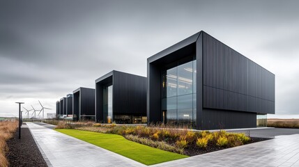 Gloomy Overcast Sky over Modern Minimalist Industrial Warehouse and Factory Complex with Geometric Facades and Renewable Energy Wind Turbines