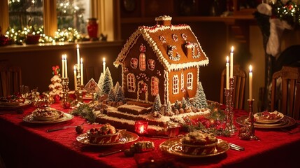 A Festive Christmas Table Setting with a Magnificent Gingerbread House